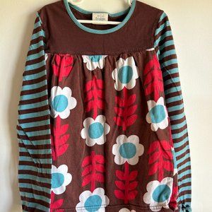 Mini Boden size 10-12 long sleeve top. Brown with red white and blue flowers.